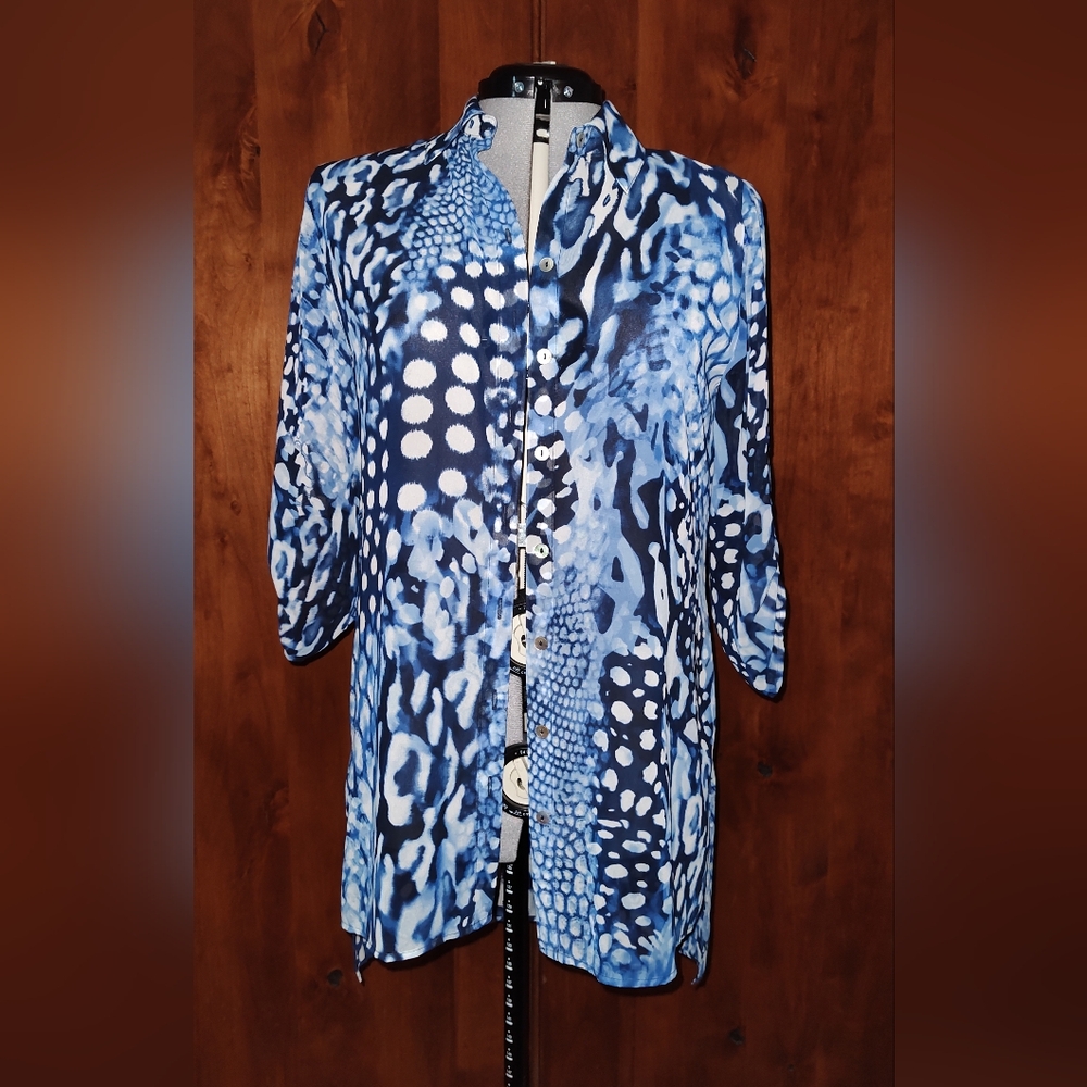 Chico’s High low Blue Cheetah and Snake Print Sheer Blouse